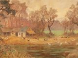 a painting of a farm scene with a pond and a house