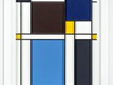 an abstract painting of blue, yellow and black squares in a white frame