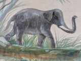 a painting of an elephant that is walking in the grass