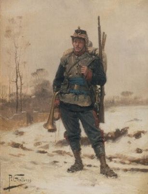 une image représentant un tableau où l'on voit un homme armé d'un fusil dans la neige