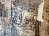 a drawing of a man standing in front of a building