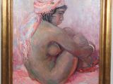 une peinture à l'huile représentant une femme nue assise sur une couverture rose