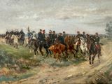 painting of a group of men riding horses down a dirt road