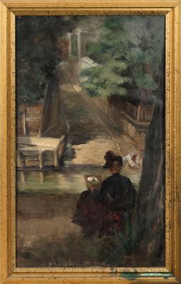une image représentant un tableau où l'on voit une femme assise sur un banc dans un parc