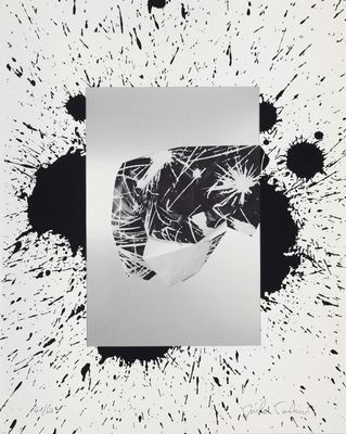 an image of a black and white picture of a skull with paint splatters on it