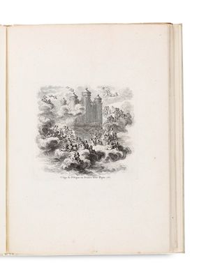 an open book with a drawing of a castle in the background