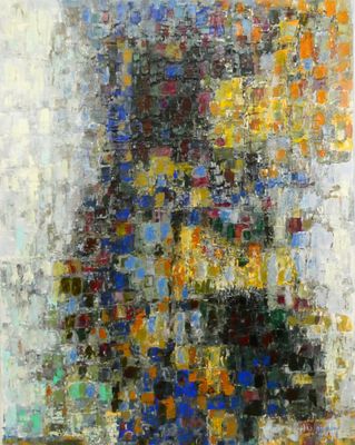 an abstract painting of a vase of flowers on a table
