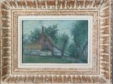 an oil painting of a farm scene with a barn in the background