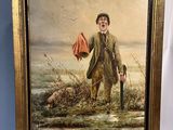 une peinture à l'huile représentant un homme avec un chien et un drapeau rouge