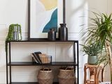an image of a living room with a plant and a picture on the wall