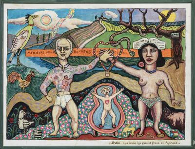 an image of a painting of a man and a woman with a baby
