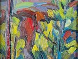 une peinture à l'huile représentant un cheval dans un champ bordé d'arbres