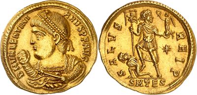 a gold coin with an image of a woman holding a sword