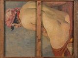 an image of a painting of a naked woman with a red scarf