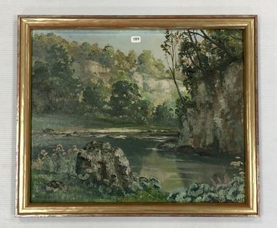 une photo d'un tableau représentant une rivière dans les bois
