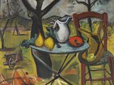un tableau représentant une table sur laquelle sont posés des fruits et un pichet