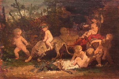une image représentant un tableau où l'on voit un groupe d'enfants jouant avec un chien