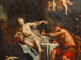 un tableau représentant un homme et une femme dans un décor boisé