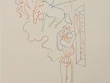 drawing of a woman standing in front of a mirror with a dragon above her head