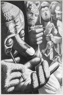 pencil drawing of a man holding a cigarette in front of a group of people