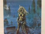 an image of a painting of a woman in a bikini standing in front of a castle