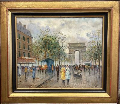 an oil painting of a street scene with people walking down the street