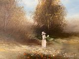 a painting of a woman standing in the middle of a field