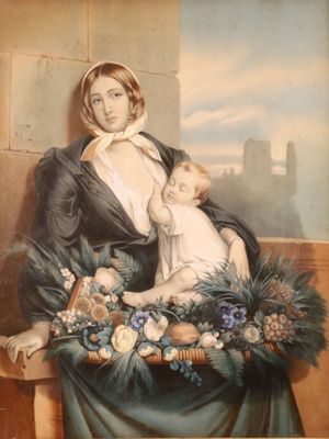 painting of a woman holding a baby in a basket of flowers