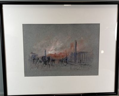 framed picture of a painting of a fire in a city