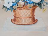 a painting of a basket of flowers on a table