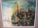 a painting of a sailboat on the water in front of a large building