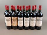 six bottles of wine are lined up in a row on a table