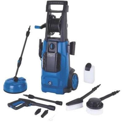 a close up of a blue pressurer on a white background