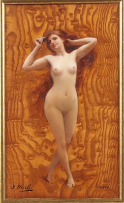 une image représentant une peinture d'une femme nue sur un support en bois