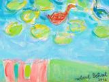 a painting of a red bird flying over a pond of water lillies