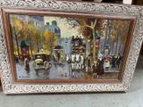 a painting of a horse drawn carriage on the street