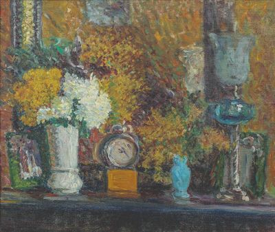 a painting of flowers and a clock on a table