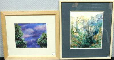 deux tableaux encadrés représentant des arbres et des nuages, accrochés au mur