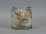 a glass jar with shells inside of it on a table
