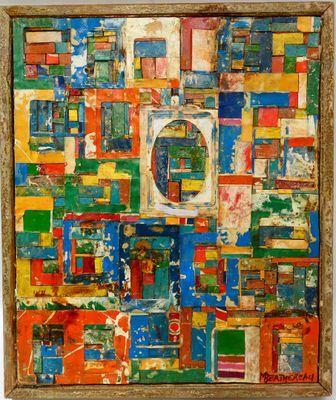 a painting of colorful squares and squares on a white background