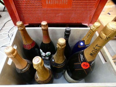 de nombreuses bouteilles de champagne dans une glacière posée dans la rue