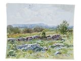 a watercolor painting of cows grazing in a field
