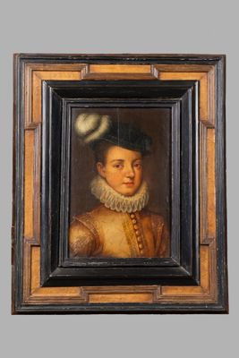 portrait of a young man in a brown dress with a white collar and a black hat