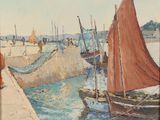an image of a painting of boats in a harbor with people on the shore