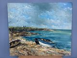 une peinture représentant deux bateaux sur la plage, au bord de l'eau