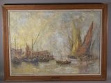 a picture of a painting of boats on the water
