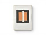 an orange and black painting on a white wall with a white frame
