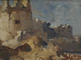 un tableau représentant un château au milieu d'un champ