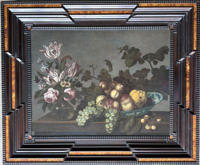 a picture of a painting of fruit and flowers on a table