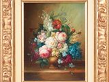 an oil painting of flowers in a vase on a table